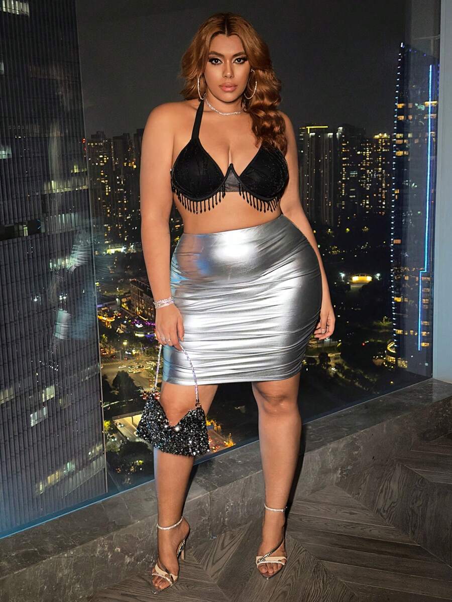 SHEIN SXY Plus Ruched Side PU Leather Bodycon Skirt - White - View 1