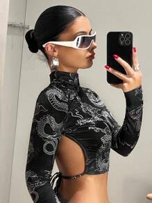 SHEIN ICON Camiseta Corta Negra Sin Espalda, Con Cuello Alto Falso, Gráficos De Dragón Chino Y Nudo En La Espalda - Negro - Ver 3