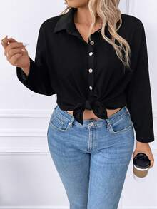 SHEIN LUNE Talla grande Camiseta unicolor con botón delantero - Negro - Ver 3