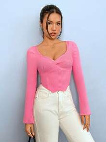 SHEIN EZwear 前扭結雞心領口套頭毛衣 - 粉色 - 查看 5