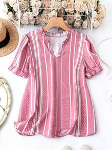 SHEIN LUNE 大碼條紋圖案和波點圖案褶邊缺口領泡泡袖襯衫 - 粉色 - 查看 1