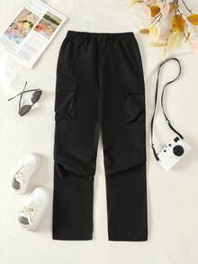 SHEIN Cô gái Tween Túi nắp bên cạnh Quần Cargo - màu đen - Xem 2