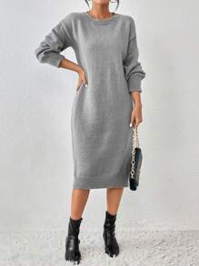 SHEIN Essnce Drop Shoulder Sweater Dress Without Belt - Grey - View 1
