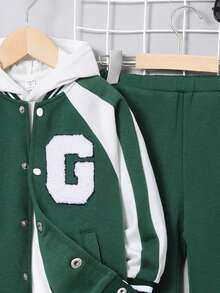 件小男孩休閒街頭風格字母刺繡運動外套拼色肩插袖撞色運動褲適合秋冬 - 彩色 - 查看 5