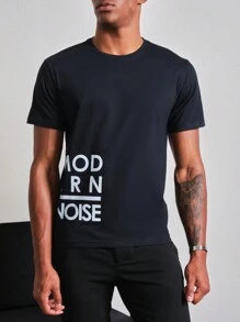 SHEIN 男士字母圖案T恤 - 黑色 - 查看 1