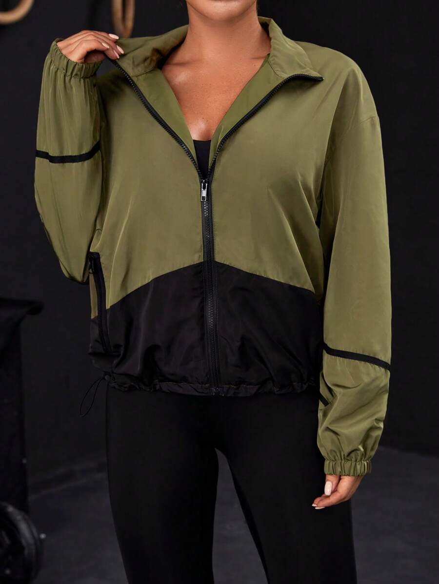 Hai âm Viền kéo ra Thả vai Dây kéo Windbreaker Jacket - Nhiều màu - Xem 1