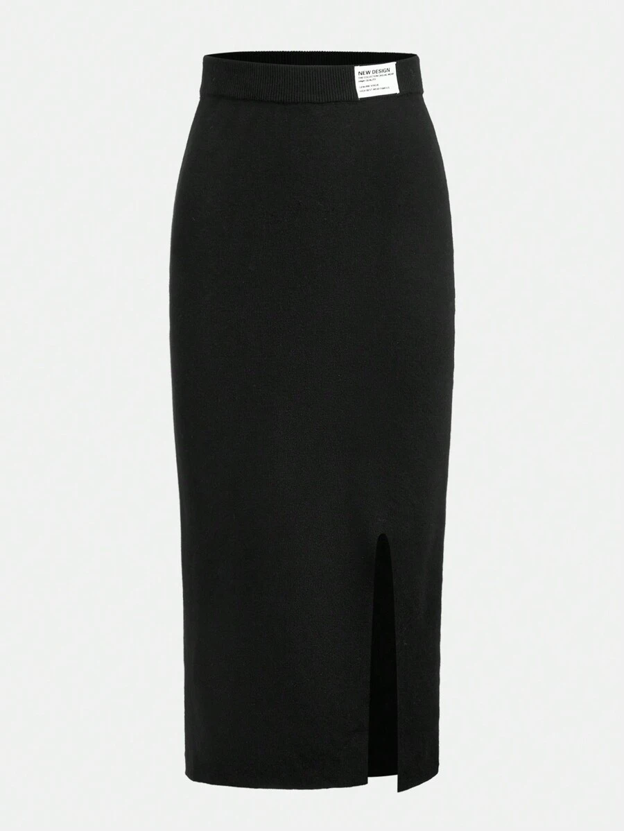 SHEIN Teenage Girls' Knitted Sweater Skirt With Elastic Waistband - Black - View 1