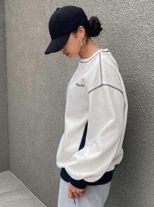 Dazy Star Letter Graphic Contrast Piping Drop Shoulder Sweatshirt - Beige - View 5