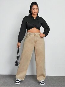 SHEIN ICON Plus Zipper Fly Straight Leg Boyfriend Jeans - Khaki - View 3