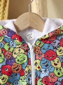 Baby Boy Cartoon Graphic Teddy Lined Hooded Jacket - Multicolor - View 4