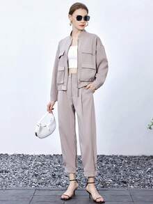 SHEIN BIZwear 翻蓋口袋落肩袖夾克和褲子 - 駝色 - 查看 4