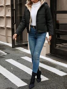 SHEIN Frenchy Zip Up Hooded Padded Coat For Winter - Black and White - View 4