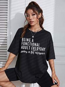 SHEIN EZwear 標語圖案落肩T恤 - 黑色 - 查看 3