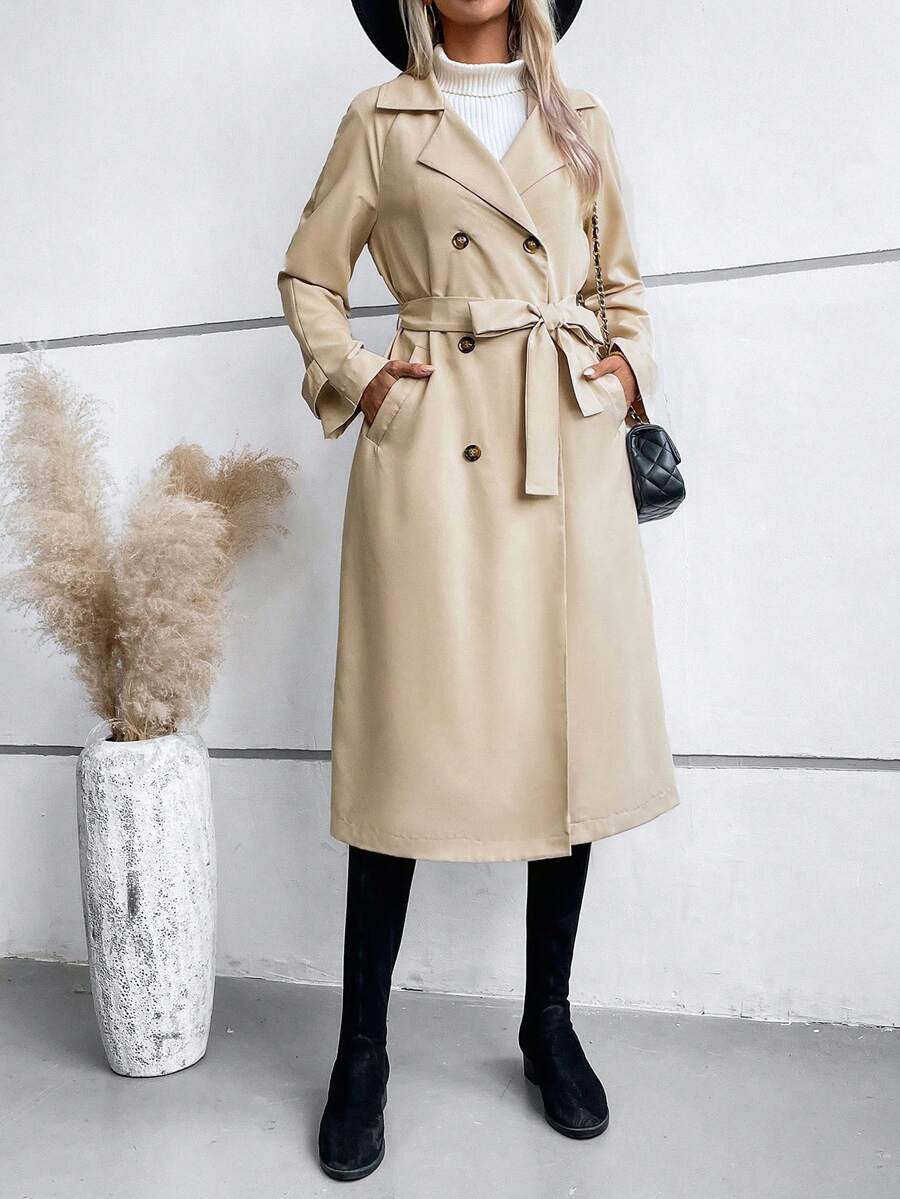 SHEIN Clasi Gabardina de cuello con solapa de doble botonadura con cinturón - Caqui - Ver 1