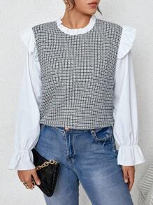 SHEIN Frenchy Plus Plaid Print Ruffle Trim Flounce Sleeve 2 In 1 Blouse - Black and White - View 1