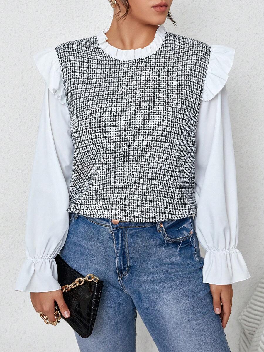 SHEIN Frenchy Plus Plaid Print Ruffle Trim Flounce Sleeve 2 In 1 Blouse - Black and White - View 1