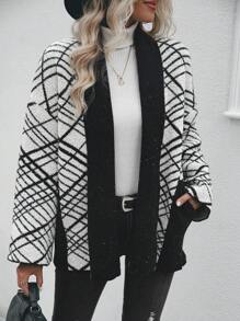 SHEIN LUNE Áo Cardigan trễ vai họa tiết tương phản không có thắt lưng - Nhiều màu - Xem 5
