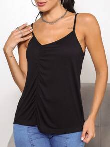 SHEIN 素色前收褶不對稱領吊帶上衣 - 黑色 - 查看 3