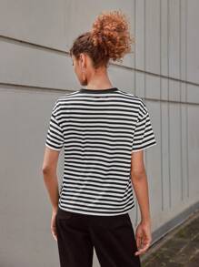 SHEIN EZwear Striped Print Drop Shoulder Tee - Black and White - View 2