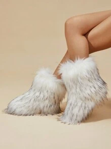 新款舒适冬季时尚休闲毛绒踝靴雪地靴，保暖衬里防滑中筒圣诞女靴 - 白色 - 查看 4