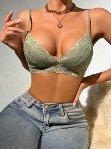 Floral Lace Crisscross Side Bra Lingerie - Mint Green - View 1