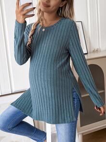 SHEIN Maternity Ribbed Knit Split Hem Tee - Dusty Blue - View 5