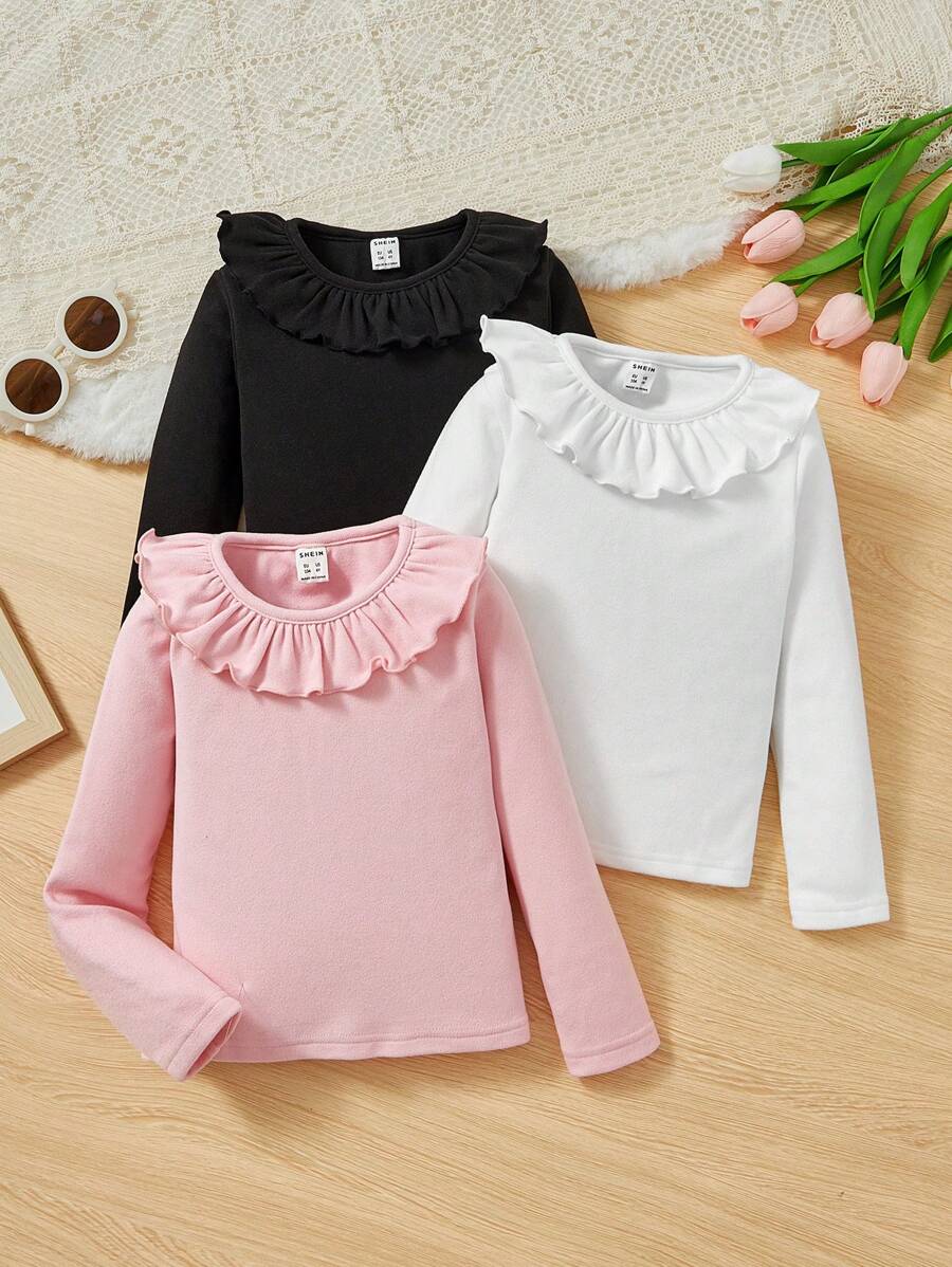 SHEIN Leap Crew Young Girl 3pcs Ruffle Trim Tee - Multicolor - View 1