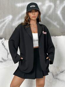 SHEIN EZwear Slogan Graphic Lapel Neck Drop Shoulder Blazer - Black - View 2