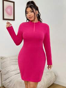 SHEIN EZwear 大碼1/4拉鍊緊身洋裝 - 玫紅色 - 查看 7