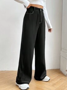 SHEIN Unity Pantalones de pierna ancha con puntada - Negro - Ver 5