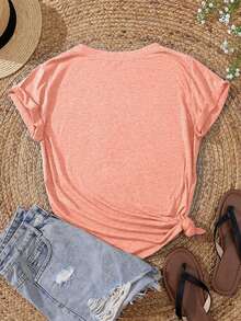 SHEIN EZwear Slogan Graphic Tee - Coral Orange - View 2