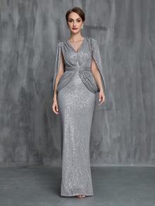 Vestido elegante de la madre de la novia con manga dividida, cola de sirena y lentejuelas - Gris - Ver 6