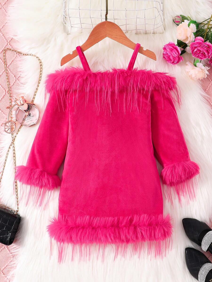 SHEIN Cô Gái Trẻ Trang trí Fuzzy Vai lạnh Đầm - Màu Hồng Tươi - Xem 1