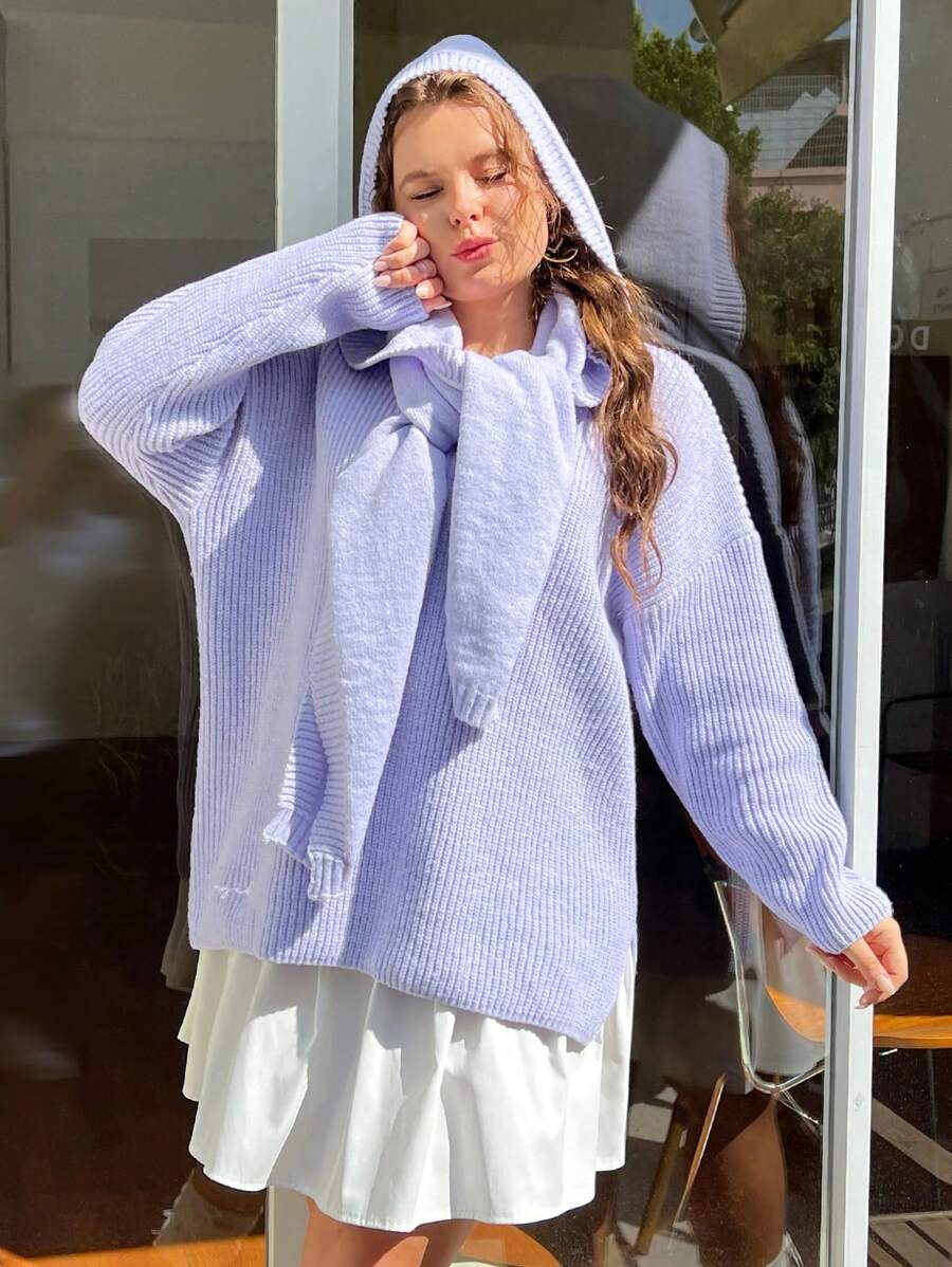 SHEIN EZwear Plus Drop Shoulder Sweater With Hooded Scarf - Mauve Purple - View 1