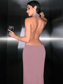 EURMUSE Solid Halter Neck Backless Dress - Pink - View 2