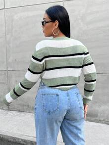 Flirla Hơn Mẫu sọc Curved Hem Áo len - Nhiều màu - Xem 2