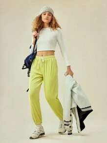 In My Nature Drawstring Waist Solid Outdoor Pants - Yellow - View 3