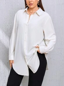 SHEIN Essnce 大碼素色前紐扣不對稱下擺襯衫 - 杏色 - 查看 3