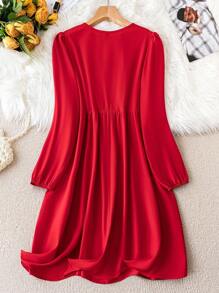 SHEIN LUNE Plus Contrast Lace Notched Neckline Smock Dress - Burgundy - View 2