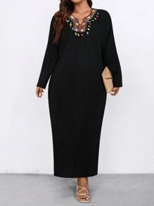 EMERY ROSE 大碼拼接幾何刺繡織帶下擺開叉洋裝 - 黑色 - 查看 3