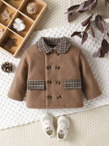 Baby Boy Contrast Plaid Print Double Breasted Overcoat