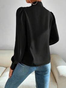 SHEIN Privé Tie Neck Lantern Sleeve Blouse - Black - View 2