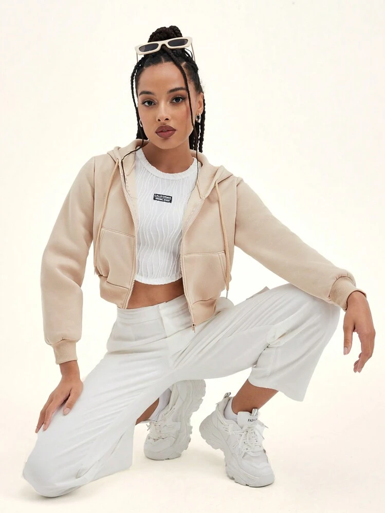 SHEIN EZwear Solid Drawstring Zip Up Crop Thermal Hoodie SHEIN