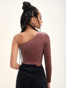 Muchica One Shoulder Ribbed Velvet Top