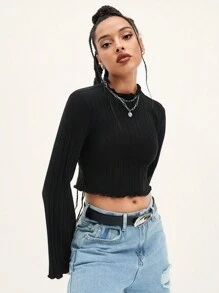 Muchica Lettuce Trim Flounce Sleeve Tee - Black - View 4