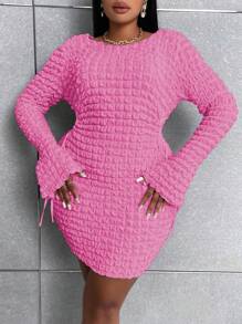 Maweii Plus Cutout Knot Side Flounce Sleeve Bodycon Dress - Pink - View 1