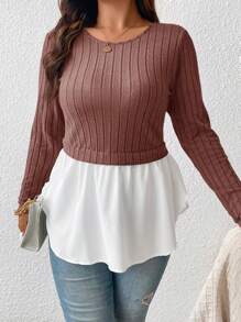 SHEIN Frenchy Plus Size Women's Ribbed Ruffle Hem T-shirt - Pink - View 3