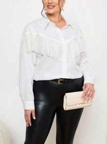SHEIN Privé Plus Fringe Trim Button Front Shirt - White - View 4