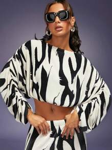 SHEIN Unity 抽象印花百褶皱短款上衣 - 黑與白 - 查看 1