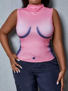 Maweii Plus Graphic Print Mock Neck Tank Top - Pink - View 3